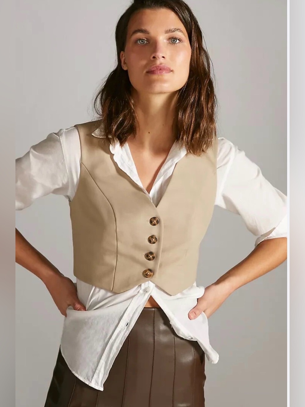Anthropologie Mare Mare Tan Button-Front Crop Vest Top